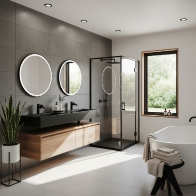 Modern Black, White, and Gray Bathroom with Natural Warmth