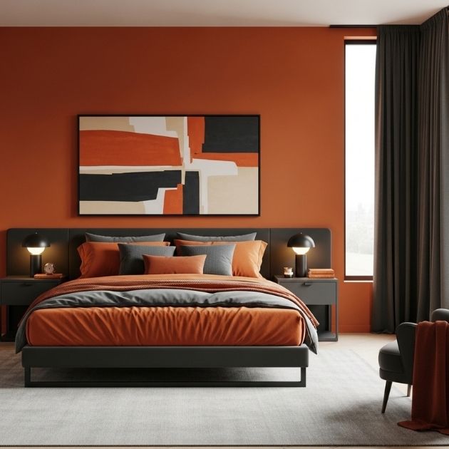 Modern Burnt Orange Bedroom With Deep Charcoal Contrast