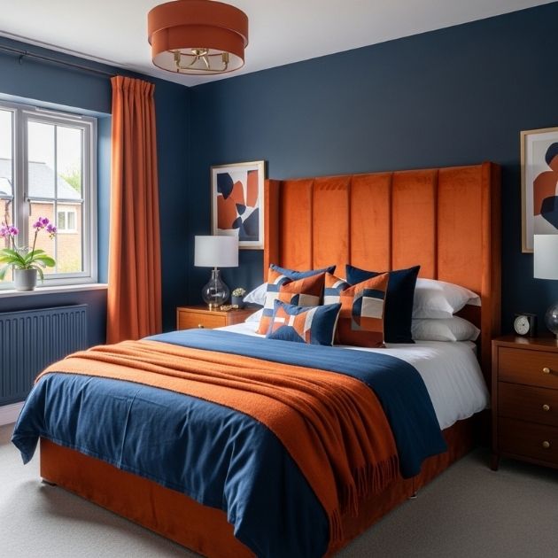 Modern Burnt Orange and Navy Bedroom Style