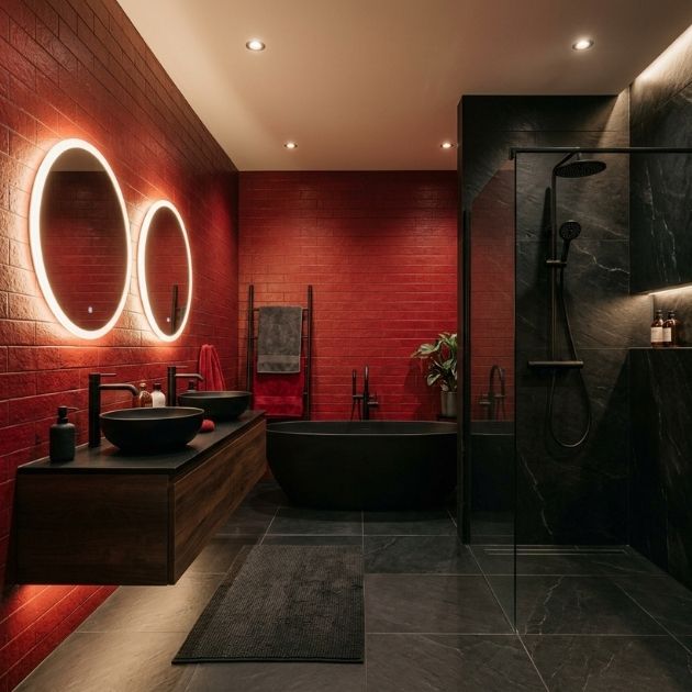 Modern Red Bathroom With Black Stone and Soft Lighting