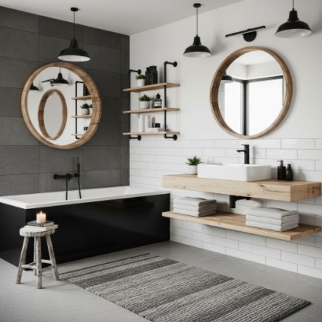 Modern Rustic Black, White, and Gray Bathroom with Natural Wood Accents
