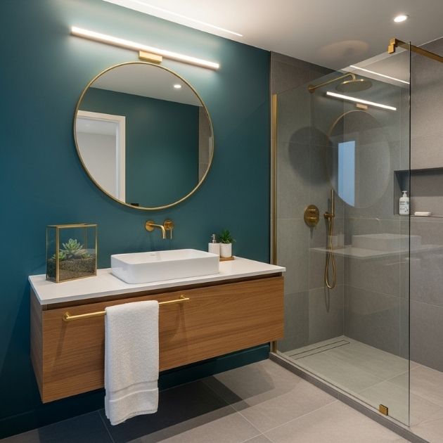 Modern Teal Bathroom With Brass Accents