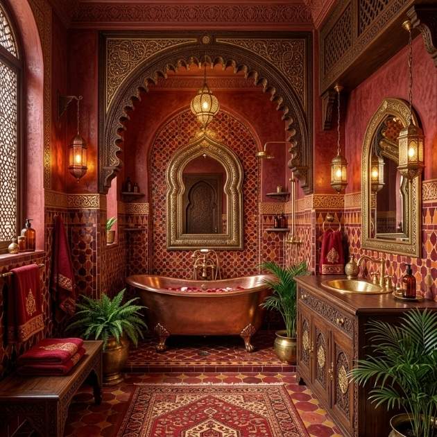Moroccan-Inspired Red Bathroom With Ornate Gold Details