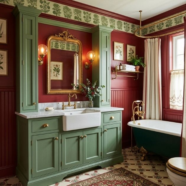 Red Bathroom With Green Cabinetry and Classic Charm