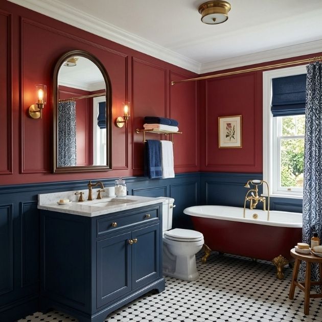 Red Bathroom With Navy Blue and Classic Paneling