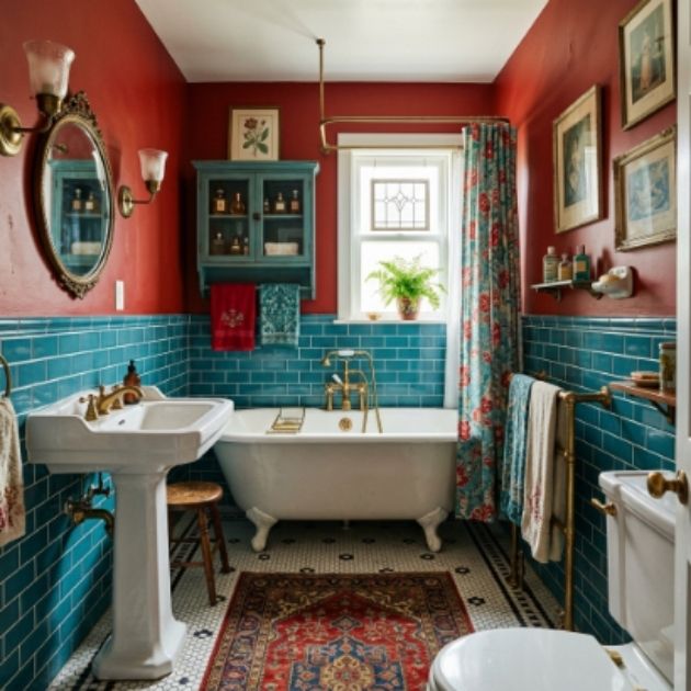 Red Bathroom With Teal Tile and Vintage Flair