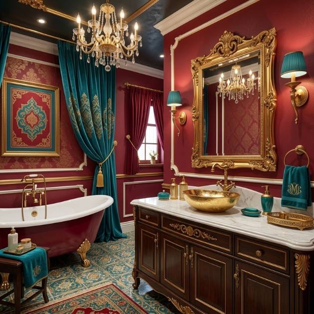 Red Bathroom With Teal and Gold Elegance