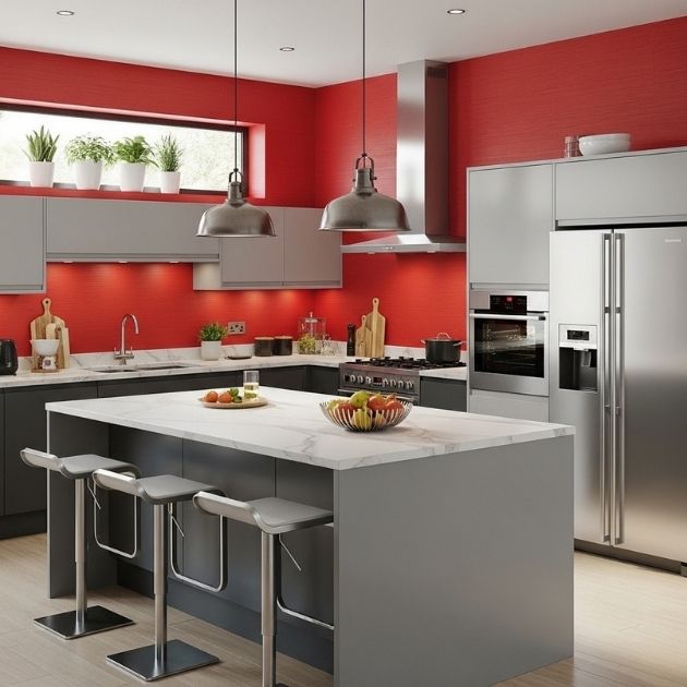 Red Walls with Gray Kitchen Cabinets