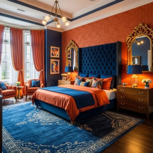 Regal Burnt Orange and Navy Blue Bedroom Style