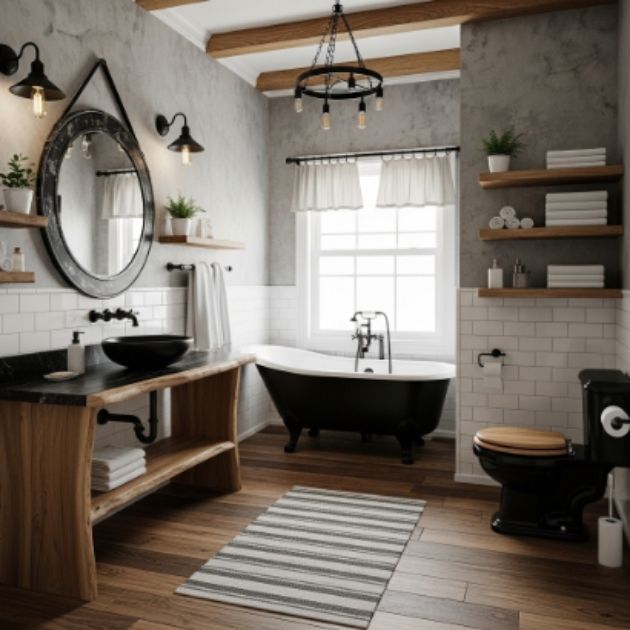 Rustic Black, White, and Gray Bathroom with Warm Wood Accents