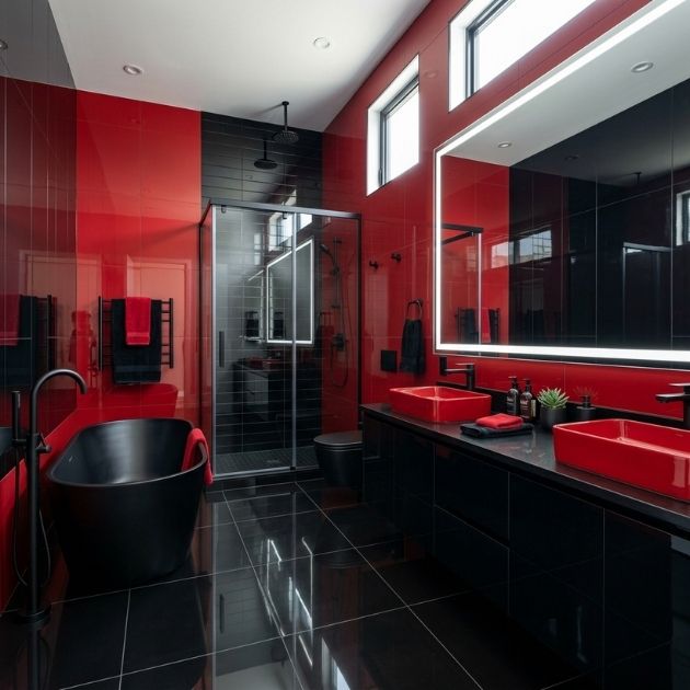 Sleek Modern Red Bathroom With Glossy Black Finishes