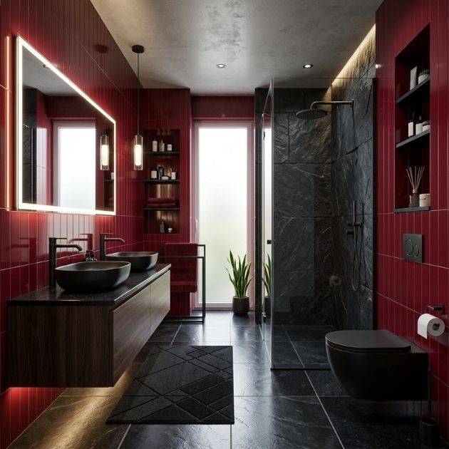 Sleek Red Bathroom With Black Stone Contrast