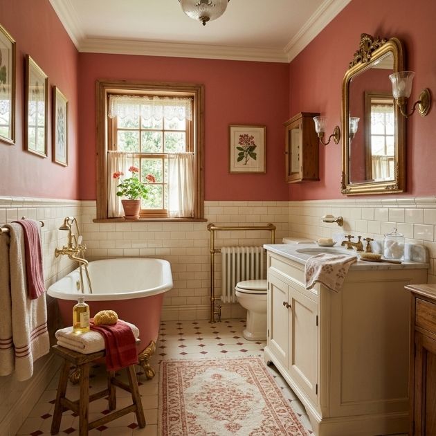 Soft Red Bathroom With Cream Tile and Classic Comfort