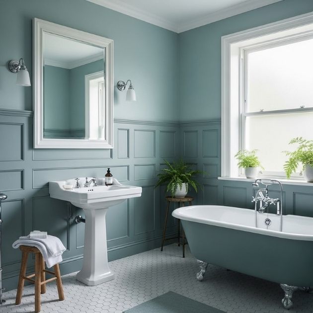 Soft Teal Bathroom With Classic Paneling