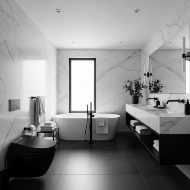 Sophisticated Black, White, and Gray Bathroom with Marble Elegance