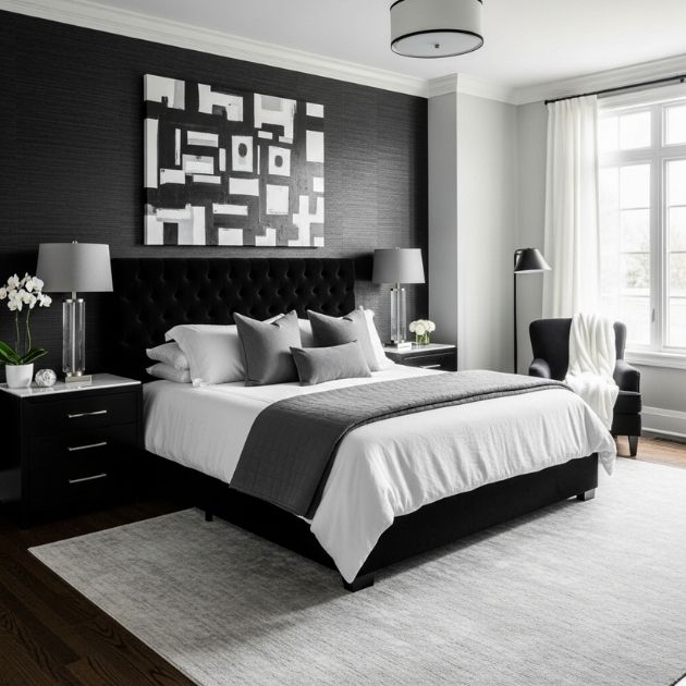 Sophisticated Black, White, and Gray Bedroom Design