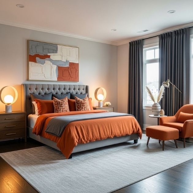 Sophisticated Burnt Orange and Gray Bedroom Design