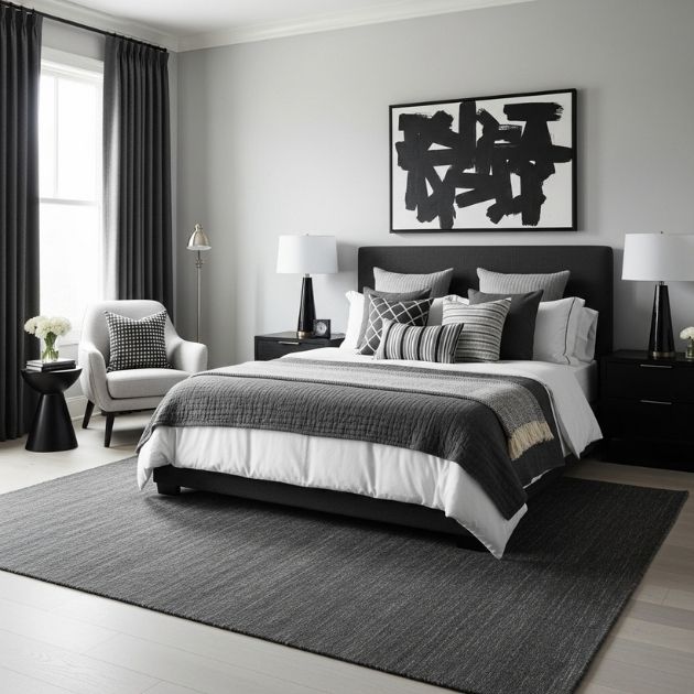 Stylish Black, White, and Gray Bedroom