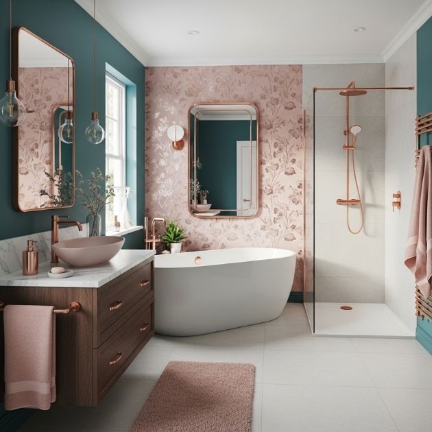 Teal Bathroom With Blush and Rose Gold Accents
