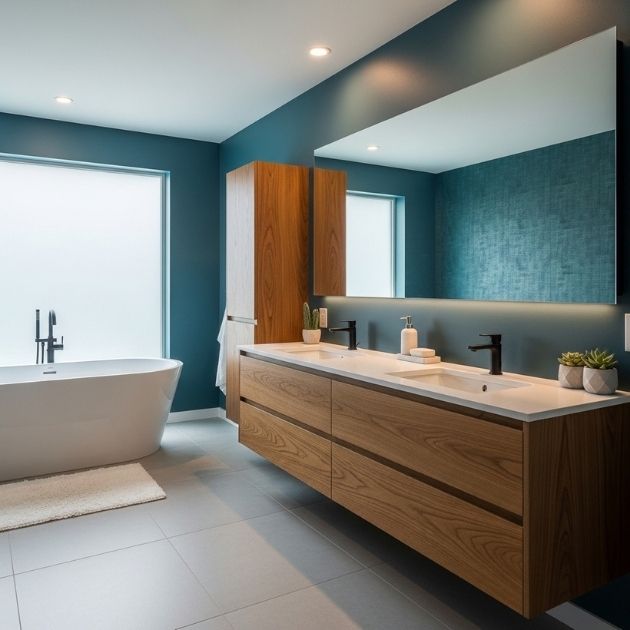 Teal Bathroom With Floating Wood Vanity