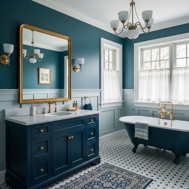 Teal Bathroom With Navy Vanity and Classic Details