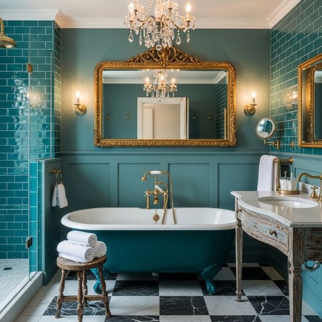 Teal Bathroom With Vintage Elegance