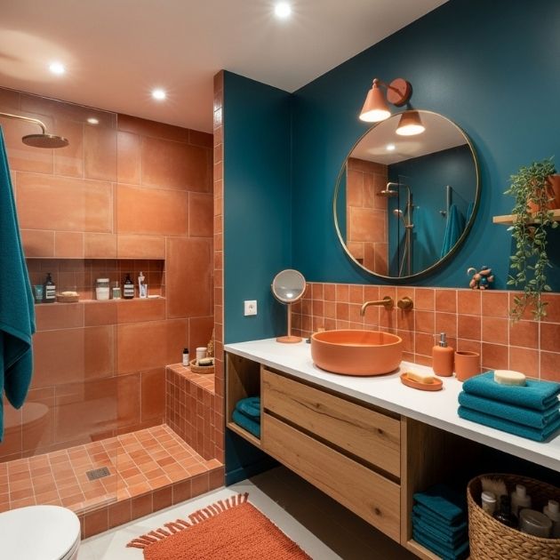 Teal Bathroom With Warm Terracotta Accents
