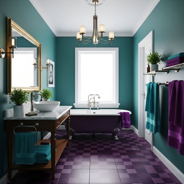 Teal and Purple Bathroom With Classic Contrast
