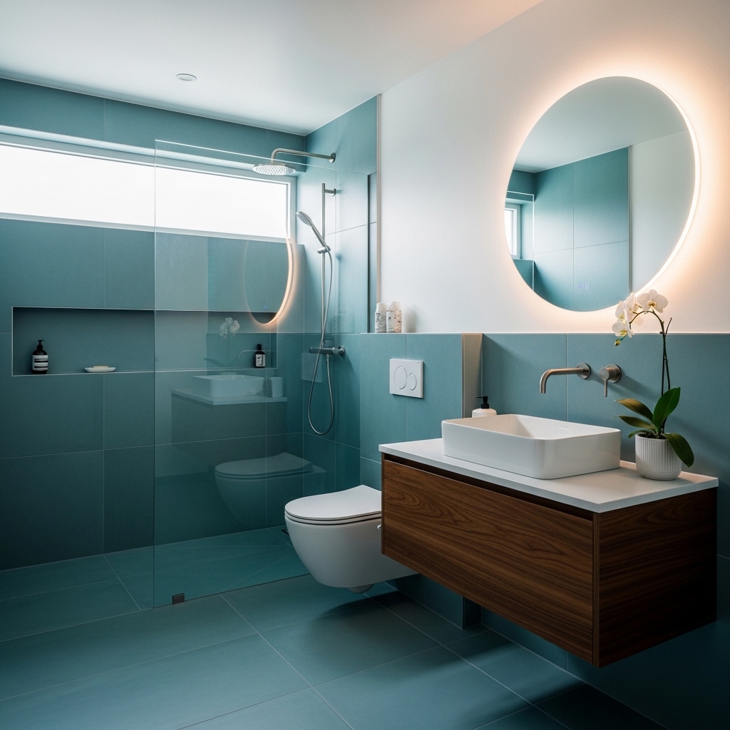 Fresh Teal Bathroom With Clean Modern Lines