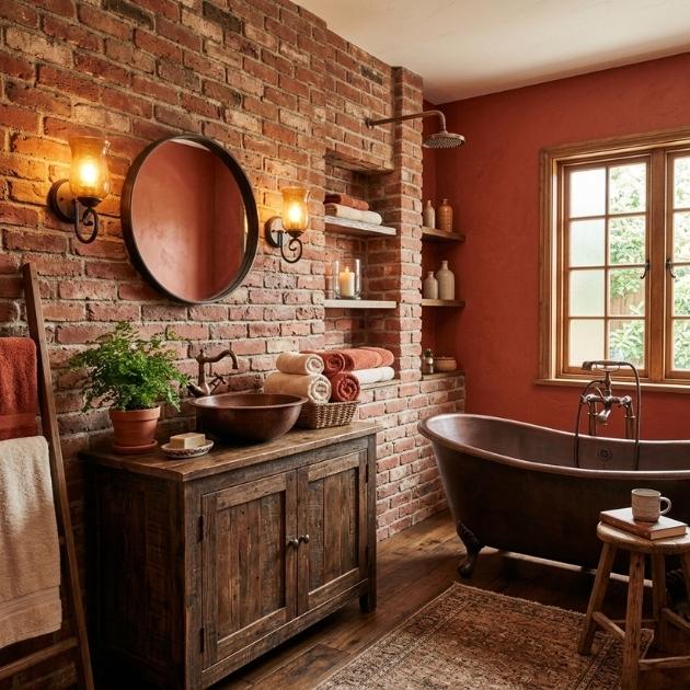 Warm Red Bathroom With Rustic Brick Accents